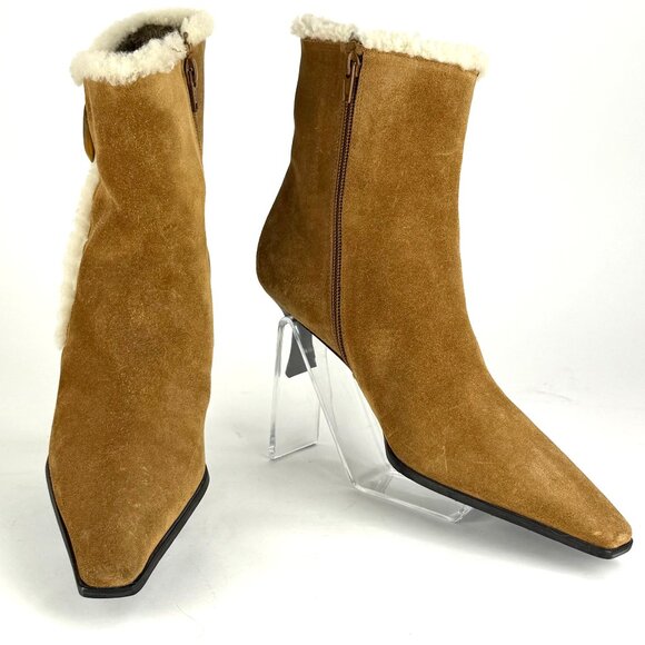 Stuart Weitzman Suede Fur-Lined Pointed Toe Booties 7.5M - Picture 1 of 13